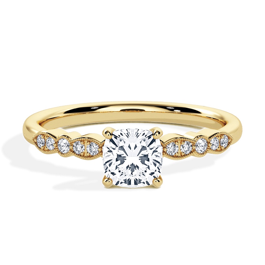 Engagement Ring Yellow Gold - 0.64ct Cushion - Model N°3019, Side-Stone, Pavé Engagement Ring Yellow Gold - 0.64ct Cushion - Model N°3019, Side-Stone, Pavé