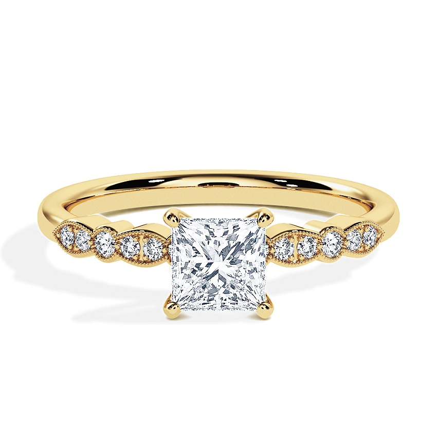 Engagement Ring Yellow Gold - 0.44ct Princess - Model N°3019, Side-Stone, Pavé