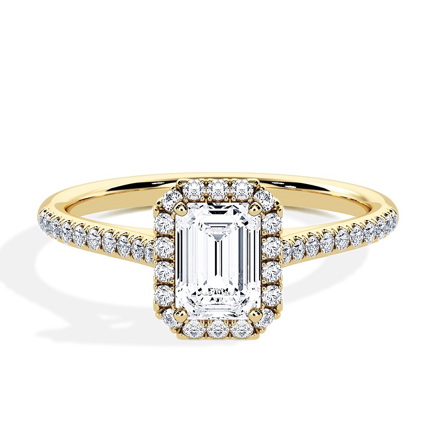 Engagement Ring Yellow Gold - 0.62ct Emerald - Model N°3408, Halo, Pavé Engagement Ring Yellow Gold - 0.62ct Emerald - Model N°3408, Halo, Pavé