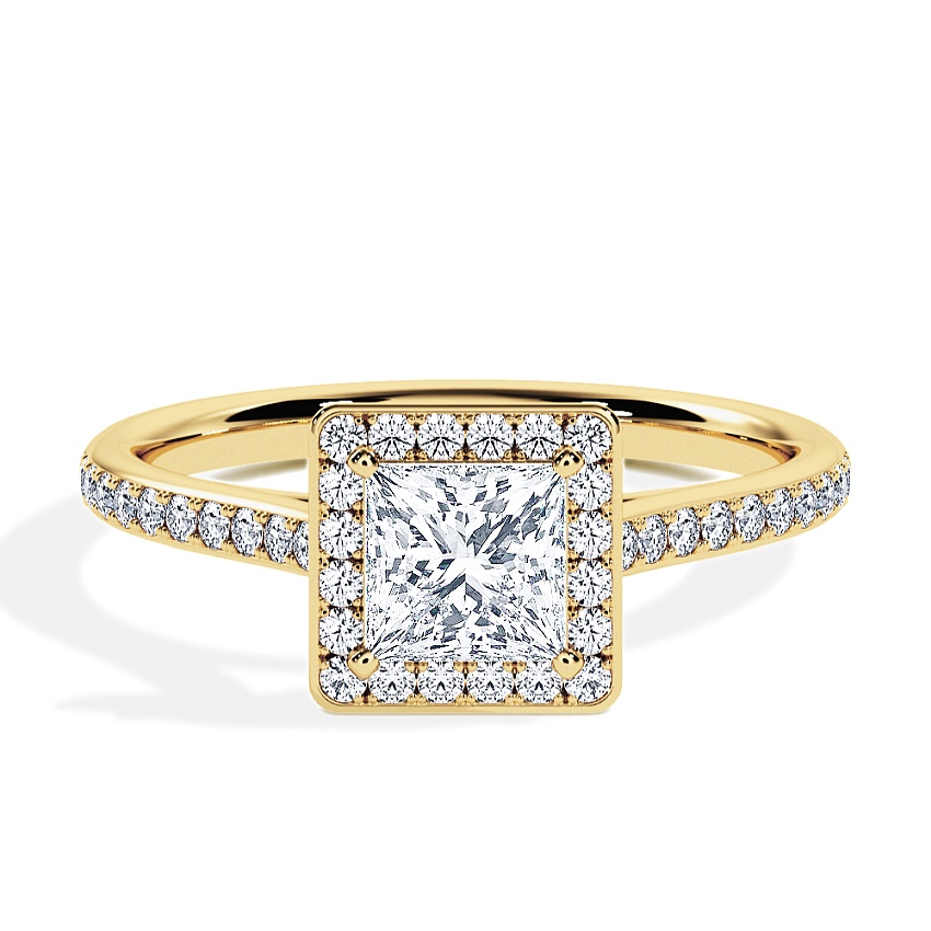 Engagement Ring Yellow Gold - 0.62ct Princess - Model N°3409, Halo, Pavé Engagement Ring Yellow Gold - 0.62ct Princess - Model N°3409, Halo, Pavé