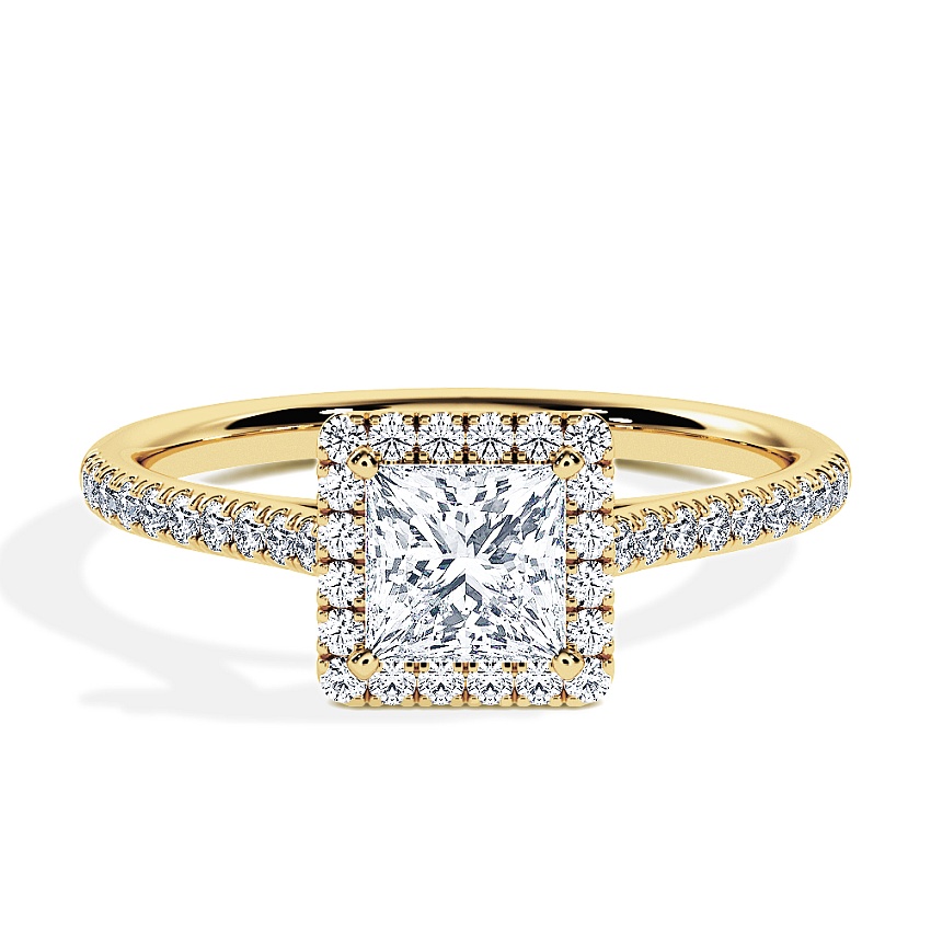 Engagement Ring Yellow Gold - 0.62ct Princess - Model N°3409, Halo, Pavé Engagement Ring Yellow Gold - 0.62ct Princess - Model N°3409, Halo, Pavé