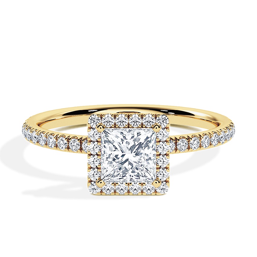 Engagement Ring Yellow Gold - 0.78ct Princess - Model N°3411, Halo, Pavé Engagement Ring Yellow Gold - 0.78ct Princess - Model N°3411, Halo, Pavé